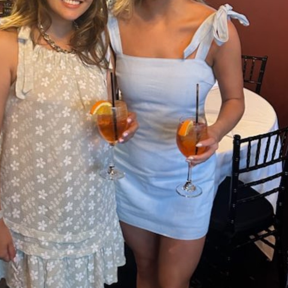 Blue denim material bow-tie-strap mini dress